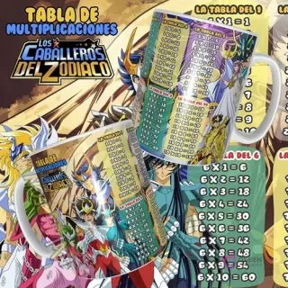 Diseño de sublimación para taza con tablas de multiplicar y personajes de Los Caballeros del Zodiaco, como Seiya de Pegaso y Shiryu de Dragón. Título 'Tabla de Multiplicaciones Los Caballeros del Zodiaco'.