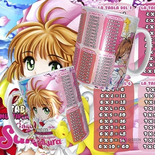 Plantilla para taza de tablas de multiplicar con Cardcaptor Sakura, mostrando a Sakura Kinomoto con sus cartas Clow y Kero. Fondo rosa y título 'Tabla de Multiplicaciones Cardcaptor Sakura'.