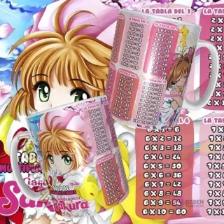 Plantilla para taza de tablas de multiplicar con Cardcaptor Sakura, mostrando a Sakura Kinomoto con sus cartas Clow y Kero. Fondo rosa y título 'Tabla de Multiplicaciones Cardcaptor Sakura'.