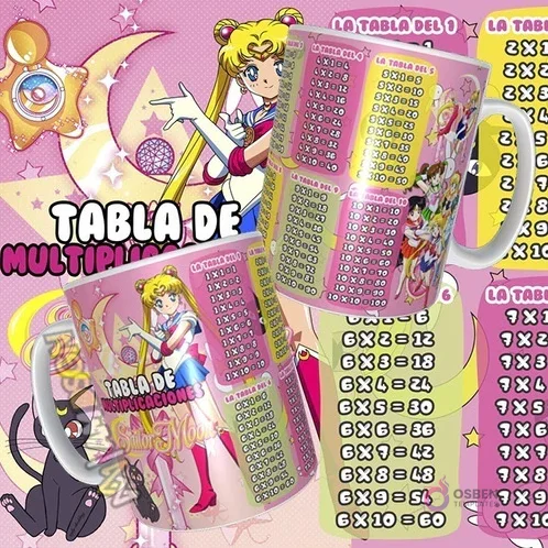 Diseño digital para taza de tablas de multiplicar con Sailor Moon y las Sailor Scouts. Fondo rosa con estrellas y luna, y el texto 'Tabla de Multiplicaciones Sailor Moon'.