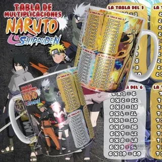 Diseño digital para taza con tablas de multiplicar y personajes de Naruto Shippuden, como Naruto Uzumaki, Sasuke Uchiha y Kakashi Hatake. Título 'Tabla de Multiplicaciones Naruto Shippuden'.