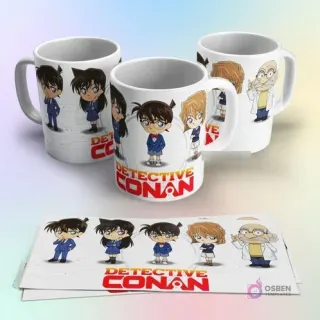 Tazas de sublimación con diseños chibi de Detective Conan, Ran Mouri y otros personajes sobre un fondo blanco y detalles tecnológicos.