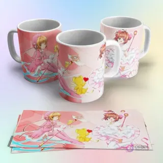 Tazas de sublimación con diseño de Cardcaptor Sakura en un vestido blanco con su báculo mágico y Kero, sobre un fondo rosa pastel con detalles de agua.