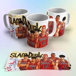 Tazas de sublimación con diseño del equipo Shohoku de Slam Dunk y el logo amarillo del anime sobre un fondo blanco con detalles abstractos.
