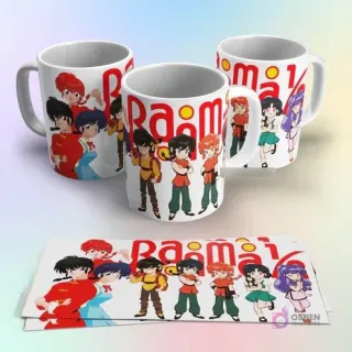 Tazas de sublimación con diseño de Ranma 1/2 mostrando a Ranma, Akane, Shampoo, Ryoga y Genma en sus formas humana y panda, sobre fondo blanco.