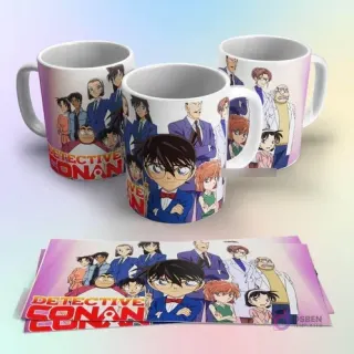 Tazas de sublimación con diseño de grupo de Detective Conan, con Conan al frente y fondo de tonos pastel y puntos.