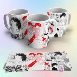 Tazas de sublimación con diseño de Ranma 1/2 en estilo manga blanco y negro con acentos rojos, mostrando escenas de acción y viñetas.