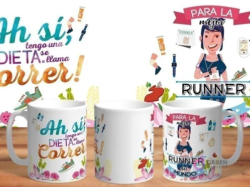 Mockup de taza sublimada con diseño 'Para la mejor Runner del mundo', mostrando mujer corriendo y accesorios deportivos, con frase sobre dieta de correr.