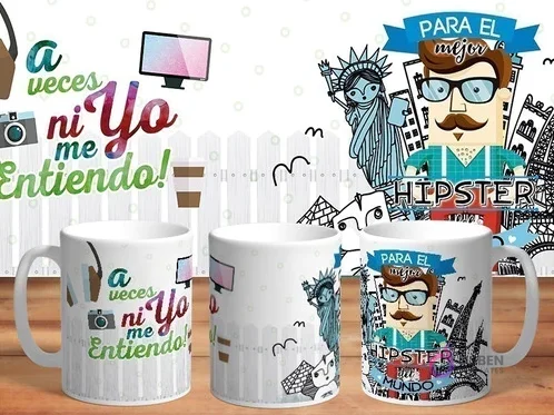 Mockup de taza sublimada con diseño 'Para el mejor Hipster del mundo', con hombre barbudo, gafas y elementos urbanos como la Torre Eiffel y Estatua de la Libertad.