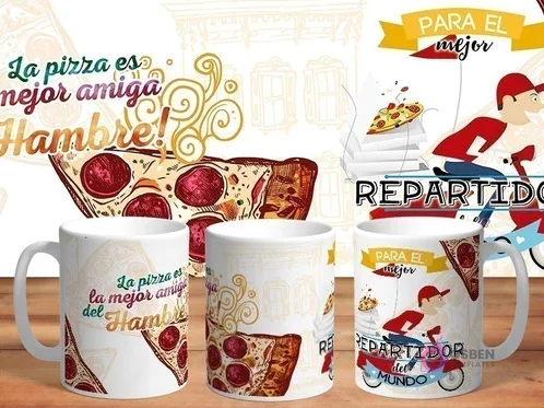 Mockup de taza sublimada con diseño 'Para el mejor Repartidor del mundo', mostrando un hombre en moto con pizza y texto 'La pizza es la mejor amiga del Hambre'.