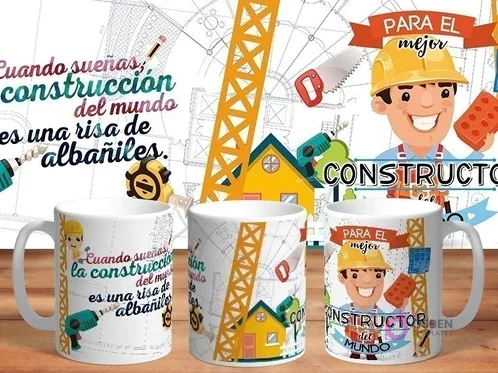 Mockup de taza sublimada con diseño 'Para el mejor Constructor del mundo', mostrando un obrero sonriente, grúas y herramientas, con frase de albañiles.