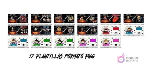 Captura de pantalla mostrando 10 de las 17 plantillas PNG para tazas con temática rockera, incluyendo bandas como Kiss y Metallica, junto a personajes rockeros caricaturizados.