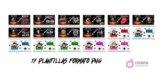 Captura de pantalla mostrando 10 de las 17 plantillas PNG para tazas con temática rockera, incluyendo bandas como Kiss y Metallica, junto a personajes rockeros caricaturizados.