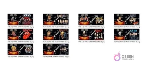 Miniaturas de 7 plantillas PNG para tazas con diseños de bandas de rock como Kiss, Rolling Stones, Megadeth, AC/DC, U2, Iron Maiden y Black Sabbath.