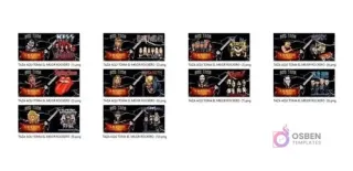 Miniaturas de 7 plantillas PNG para tazas con diseños de bandas de rock como Kiss, Rolling Stones, Megadeth, AC/DC, U2, Iron Maiden y Black Sabbath.