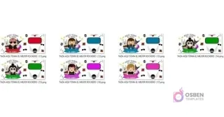 Miniaturas de 7 plantillas PNG para tazas con diseños de personajes rockeros caricaturizados, con espacios personalizables para nombres o textos.