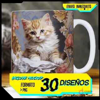 Taza sublimada con adorable gatito atigrado naranja 3D asomándose de un marco floral vintage, efecto relieve.