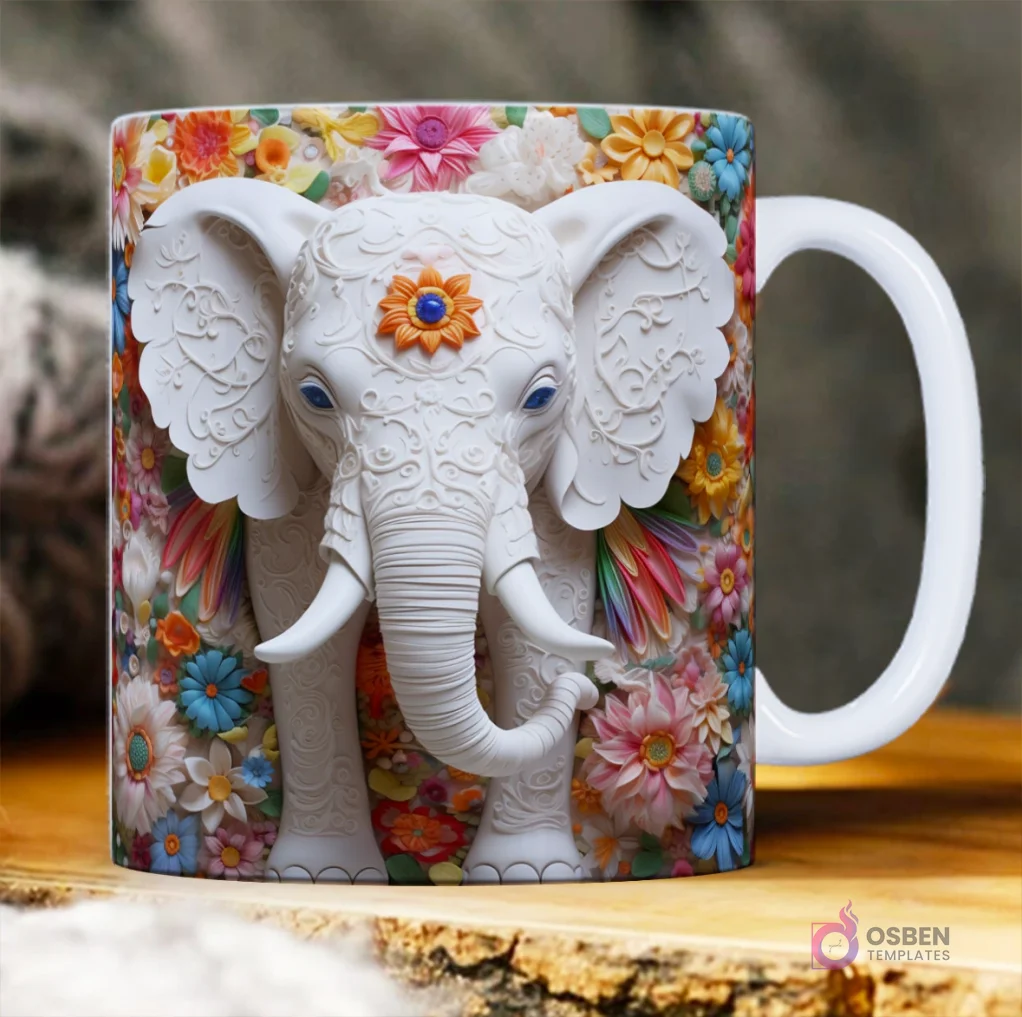 Taza sublimada con elefante blanco 3D decorado con patrones y acentos azules/naranjas, inmerso en un jardín de flores de colores.