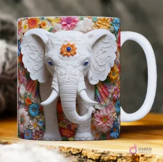 Taza sublimada con elefante blanco 3D decorado con patrones y acentos azules/naranjas, inmerso en un jardín de flores de colores.