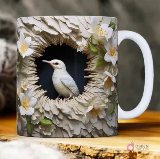 Taza sublimada con ave blanca 3D de pico rojo en un hueco de árbol texturizado, rodeada de flores blancas de primavera.