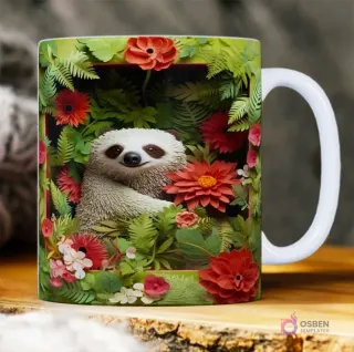 Taza sublimada con adorable perezoso 3D asomándose de un marco denso de hojas verdes y flores rojas, estilo papel recortado.