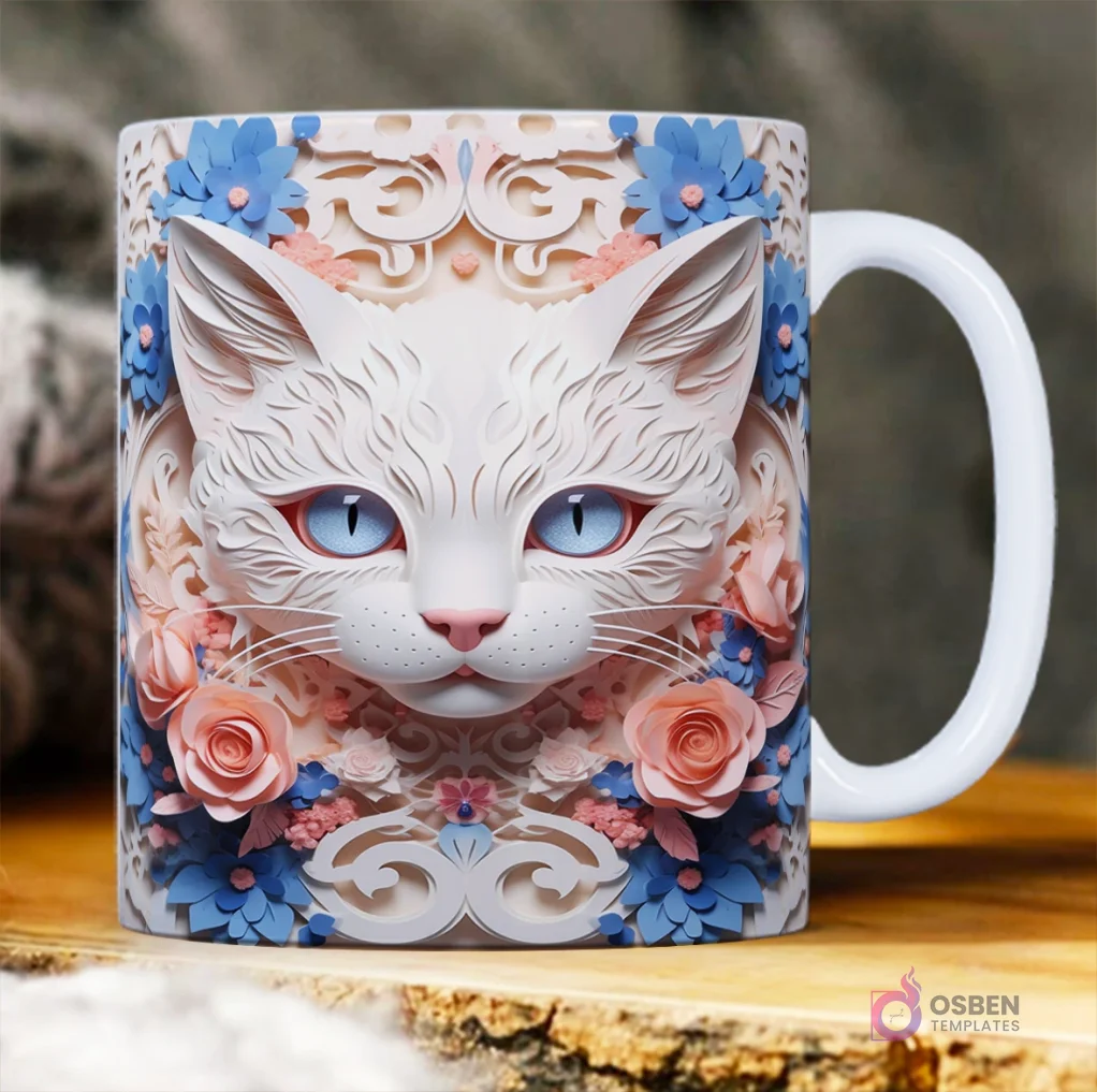 Taza sublimada con cara de gato blanco 3D estilo ornamental de ojos azules, rodeada de flores rosadas y azules en relieve.