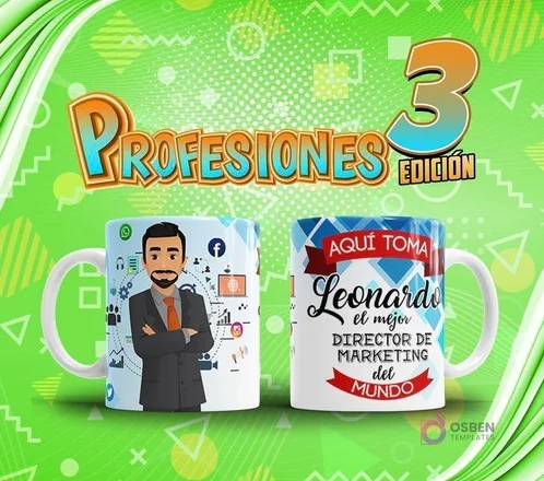 Mockup de dos tazas sublimadas: una con diseño de director de marketing hombre y otra con su nombre 'Leonardo' y título. Arriba, el título 'Profesiones Edición 3'.
