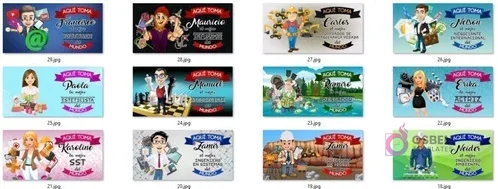 Muestrario de 12 mini mockups mostrando diseños de profesiones como Youtuber, esteticista, operador de máquinas pesadas, negociante internacional, ajedrecista, pescador, actriz, SST, ingeniero en sistemas, ambiental y en minas.