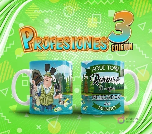 Mockup de dos tazas sublimadas: una con diseño de pescador sonriendo y otra con su nombre 'Ramiro' y título. Arriba, el título 'Profesiones Edición 3'.