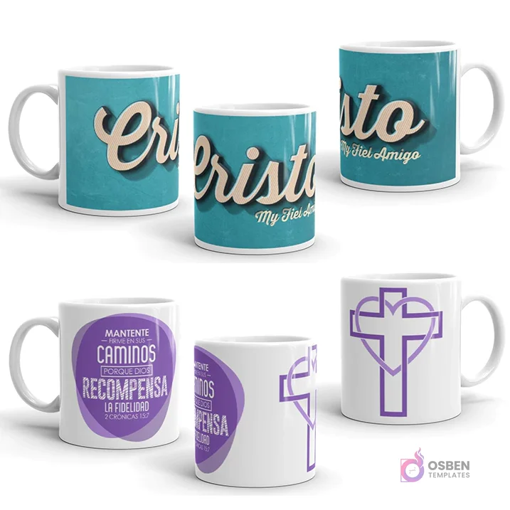 Taza sublimada con diseño cristiano 'Cristo My Fiel Amigo' en tono azul retro y efecto 3D, mostrando tres ángulos.