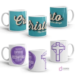 Taza sublimada con diseño cristiano 'Cristo My Fiel Amigo' en tono azul retro y efecto 3D, mostrando tres ángulos.