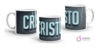 Taza con diseño tipográfico 'CRISTO' y frase 'Continúa Confiando en Sus Promesas' en color gris azulado sobre fondo con textura de piedra, vista lateral.