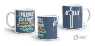 Taza con mensaje cristiano 'NO PIERDAS LAS ESPERANZAS mantente firme en LAS PROMESAS del Señor Hebreos 10:23' y la palabra 'JESÚS' en forma de cruz sobre fondo azul oscuro.