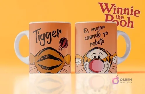 Taza sublimada de Tigger de Winnie the Pooh, naranja con rayas negras y la frase 'Es mejor cuando yo reboto'