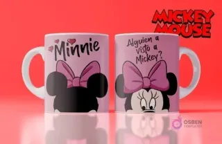 Taza sublimada de Minnie Mouse, rosa con su lazo característico y la frase 'Alguien ha visto a Mickey?'