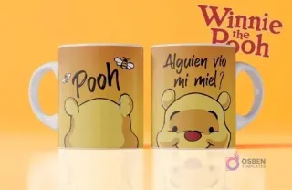 Taza sublimada de Winnie the Pooh, amarilla con abejas y la frase 'Alguien vio mi miel?'