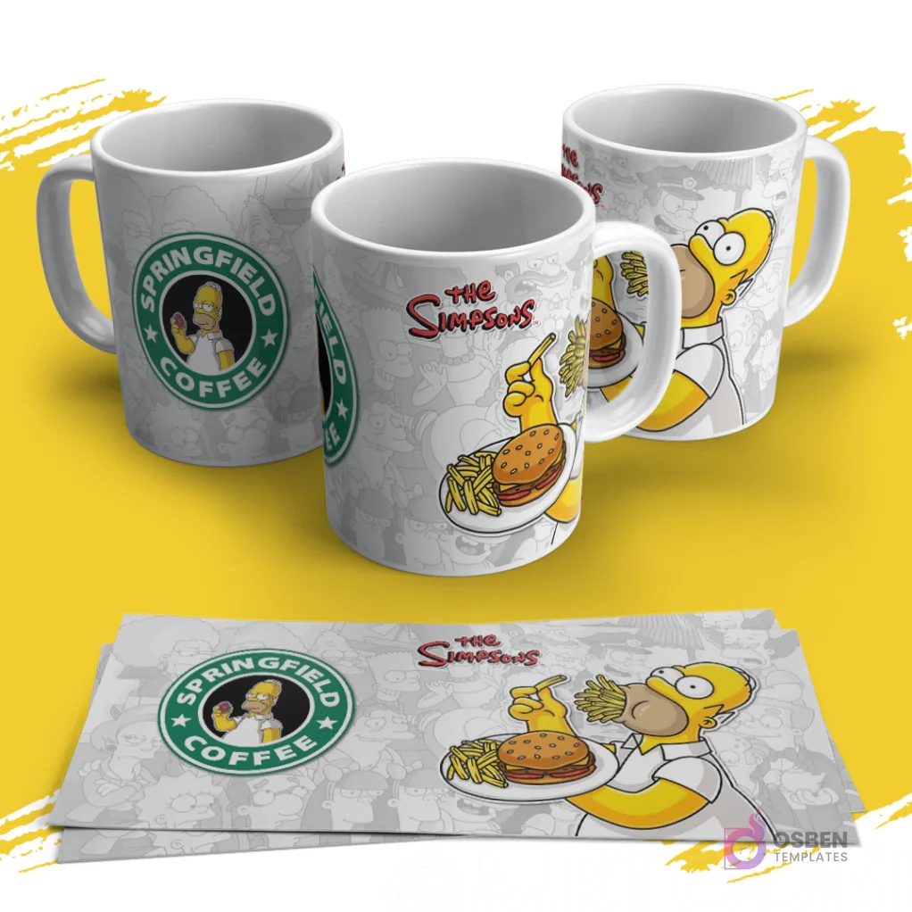 Tres tazas sublimadas de Los Simpsons con diseño de Homer comiendo hamburguesa y patatas fritas. Una taza muestra el logo 'Springfield Coffee' con Homer. Las plantillas impresas están debajo.