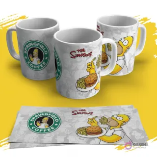Tres tazas sublimadas de Los Simpsons con diseño de Homer comiendo hamburguesa y patatas fritas. Una taza muestra el logo 'Springfield Coffee' con Homer. Las plantillas impresas están debajo.