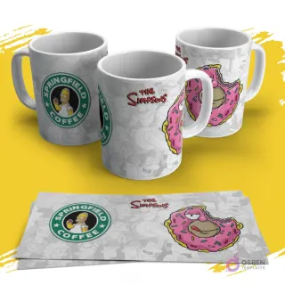Tres tazas sublimadas de Los Simpsons con diseño de Homer comiendo una rosquilla rosa con glaseado y chispas. Una taza muestra el logo 'Springfield Coffee' con Homer. Las plantillas impresas están debajo.