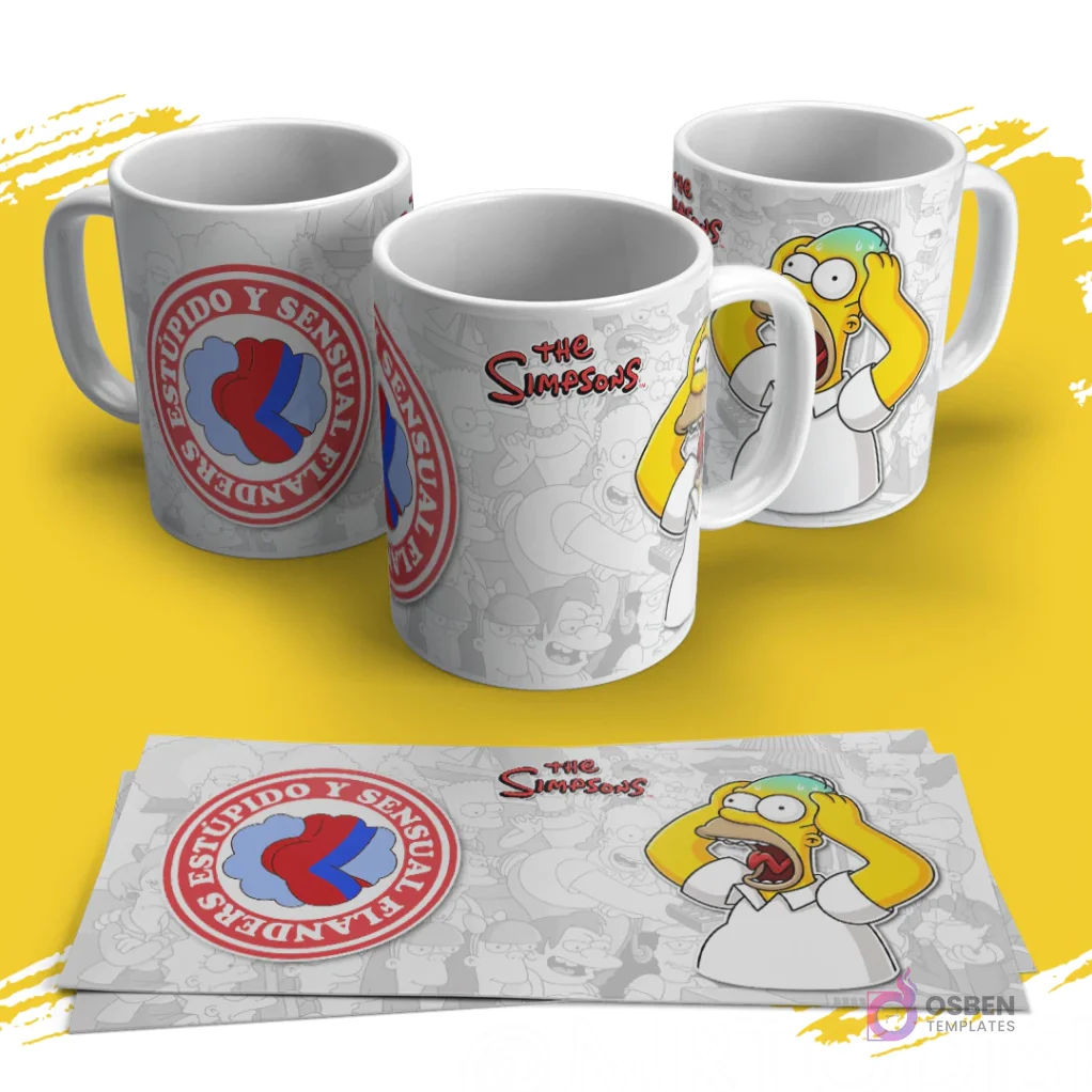 Tres tazas sublimadas de Los Simpsons con diseño de Homer gritando con las manos en la cabeza y el logo 'Estúpido y Sensual Flanders'. Las plantillas impresas están debajo.