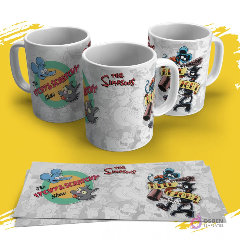 Tres tazas sublimadas de Los Simpsons con diseño de Itchy & Scratchy peleando. Una taza muestra el logo 'The Itchy & Scratchy Show'. Las plantillas impresas están debajo.