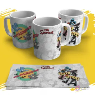 Tres tazas sublimadas de Los Simpsons con diseño de Itchy & Scratchy peleando. Una taza muestra el logo 'The Itchy & Scratchy Show'. Las plantillas impresas están debajo.