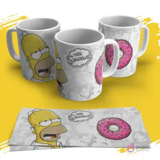 Tres tazas sublimadas de Los Simpsons con diseño de la cara de Homer mirando una rosquilla rosa que está al lado. Las plantillas impresas están debajo.