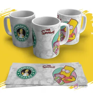 Tres tazas sublimadas de Los Simpsons con diseño de Bart Simpson bebiendo un 'Squishy'. Una taza muestra el logo 'Springfield Coffee' con Homer. Las plantillas impresas están debajo.