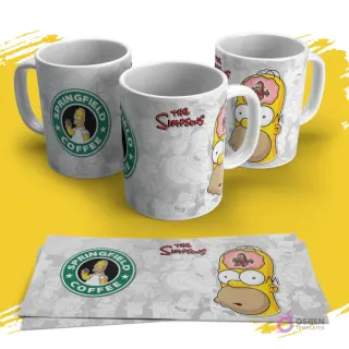 Tres tazas sublimadas de Los Simpsons con diseño de la cabeza de Homer abierta mostrando un cerebro de mono. Una taza muestra el logo 'Springfield Coffee' con Homer. Las plantillas impresas están debajo.