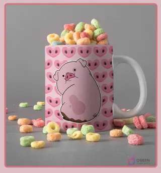 Taza blanca con diseño del cerdo Pato de Gravity Falls sobre un fondo rosa con patrones de narices de cerdo y corazones, rodeada de cereal de colores.