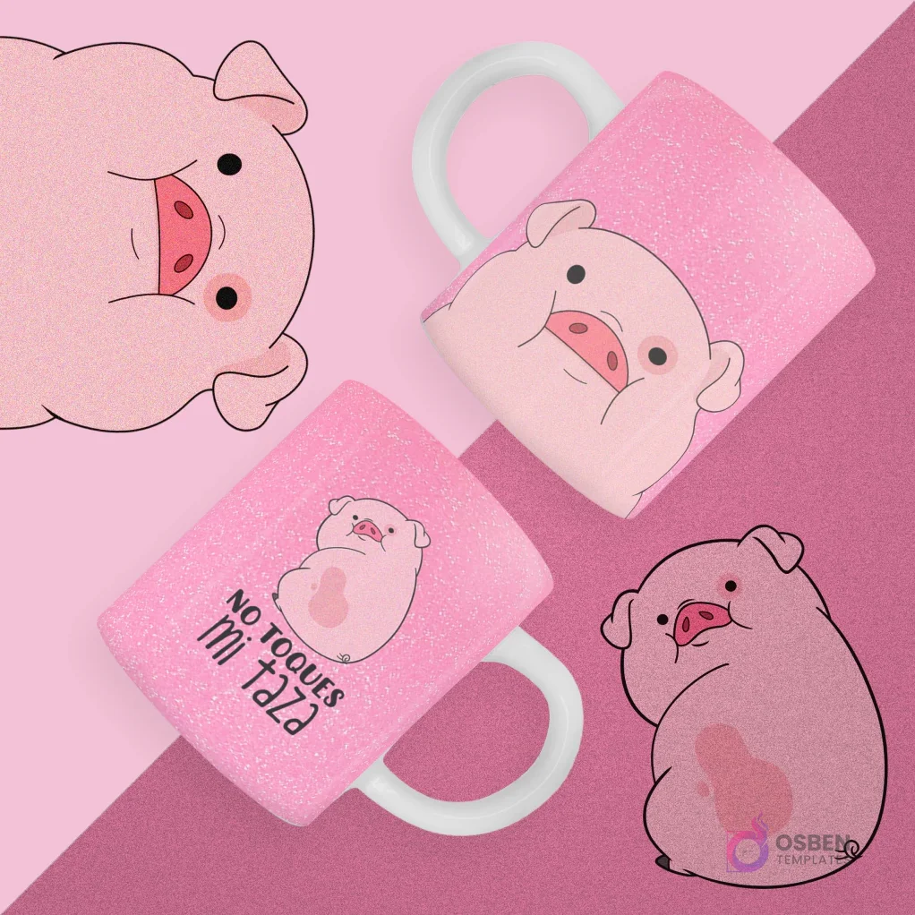 Dos tazas rosas con efecto glitter con diseños del cerdo Pato de Gravity Falls y la frase 'NO TOQUES MI TAZA', con varios Patos de fondo.
