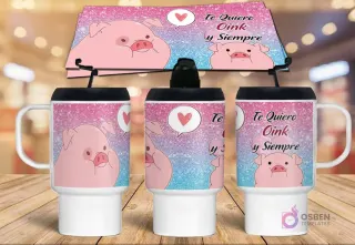 Tres termos blancos con diseño del cerdo Pato de Gravity Falls con glitter y la frase 'Te Quiero Oink y Siempre', sobre un fondo brillante rosa y azul, con una banda de sublimación.