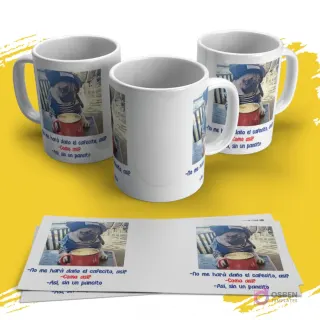 Tazas con diseño de pug real usando gorro y tomando café, con texto divertido sobre 'pancito'