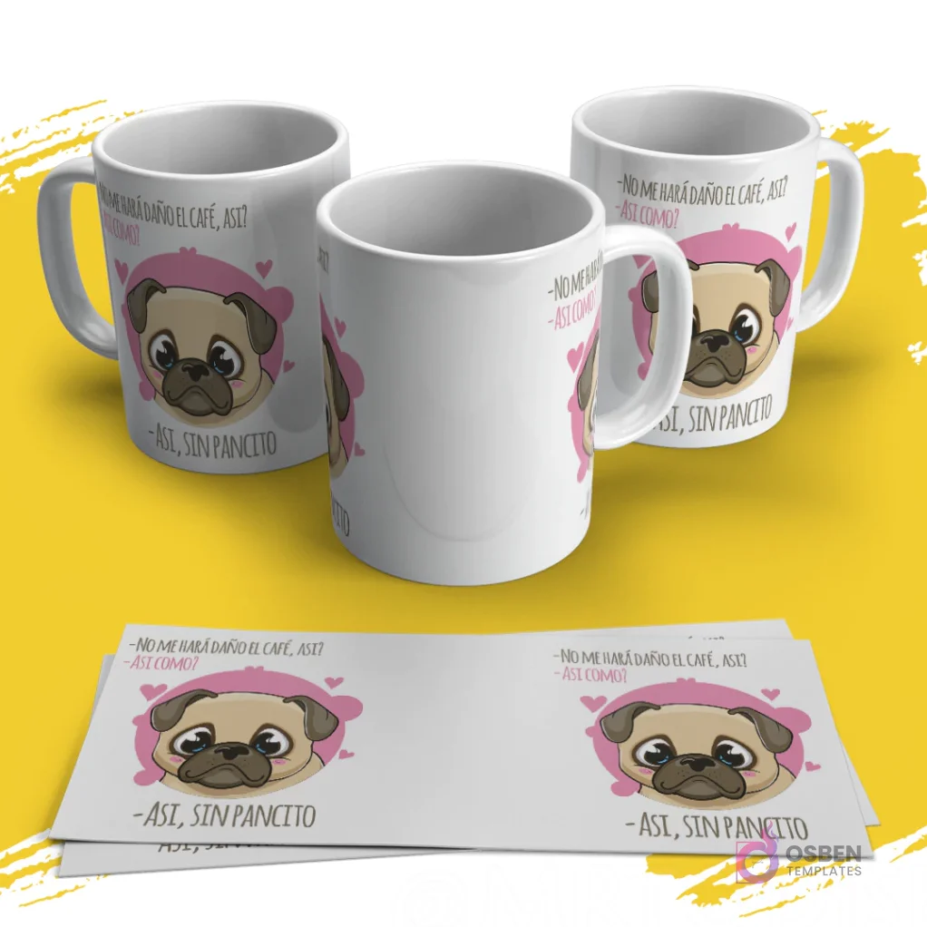 Conjunto de tazas con pug animado, fondo de corazones rosas y frase de dieta 'Así, Sin Pancito'